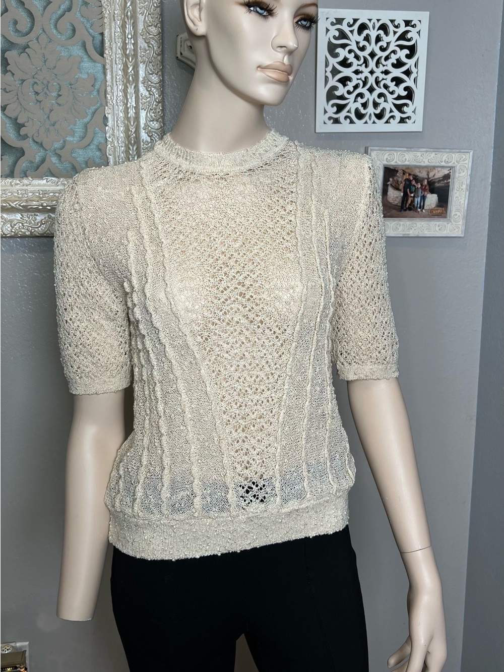 Zara Cream Open-Knit Short Sleeve Sweater Top